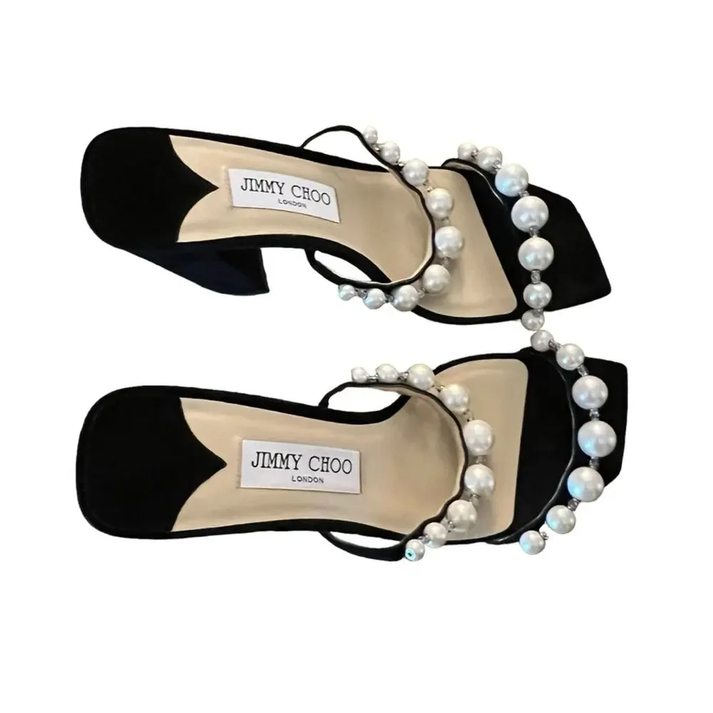 Jimmy Choo Amara 85mm Pearl Straps Suede Block Heels Mules NEW EU 35 US 5